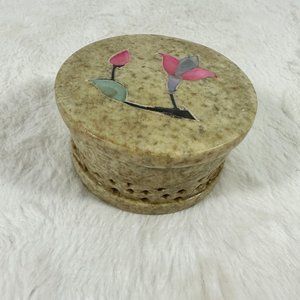 Vintage soapstone Trinket Jewelry Ring Box Basket Weave sides Flower MOP Inlay